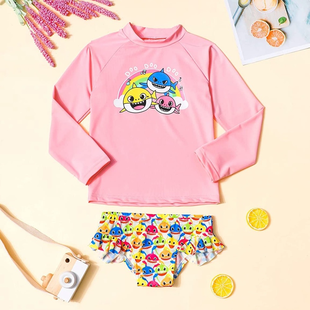 2 piece Baby Shark swim suit - long sleeve top and ruffle bottoms